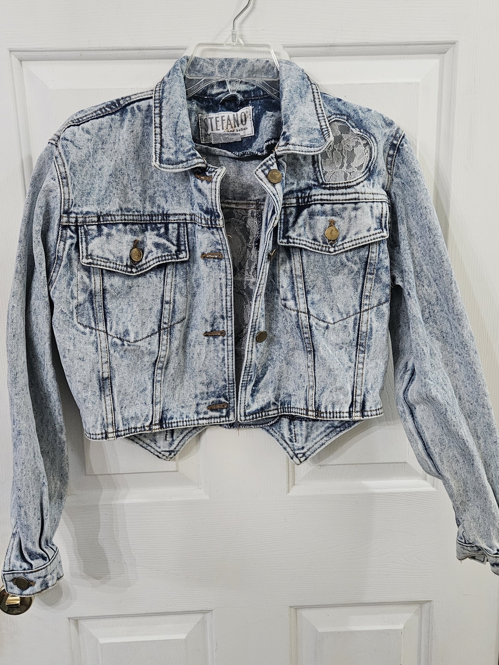 Stefano Women's Acid Wash Lace Heart Trim Jacket Blue Pockets Size S